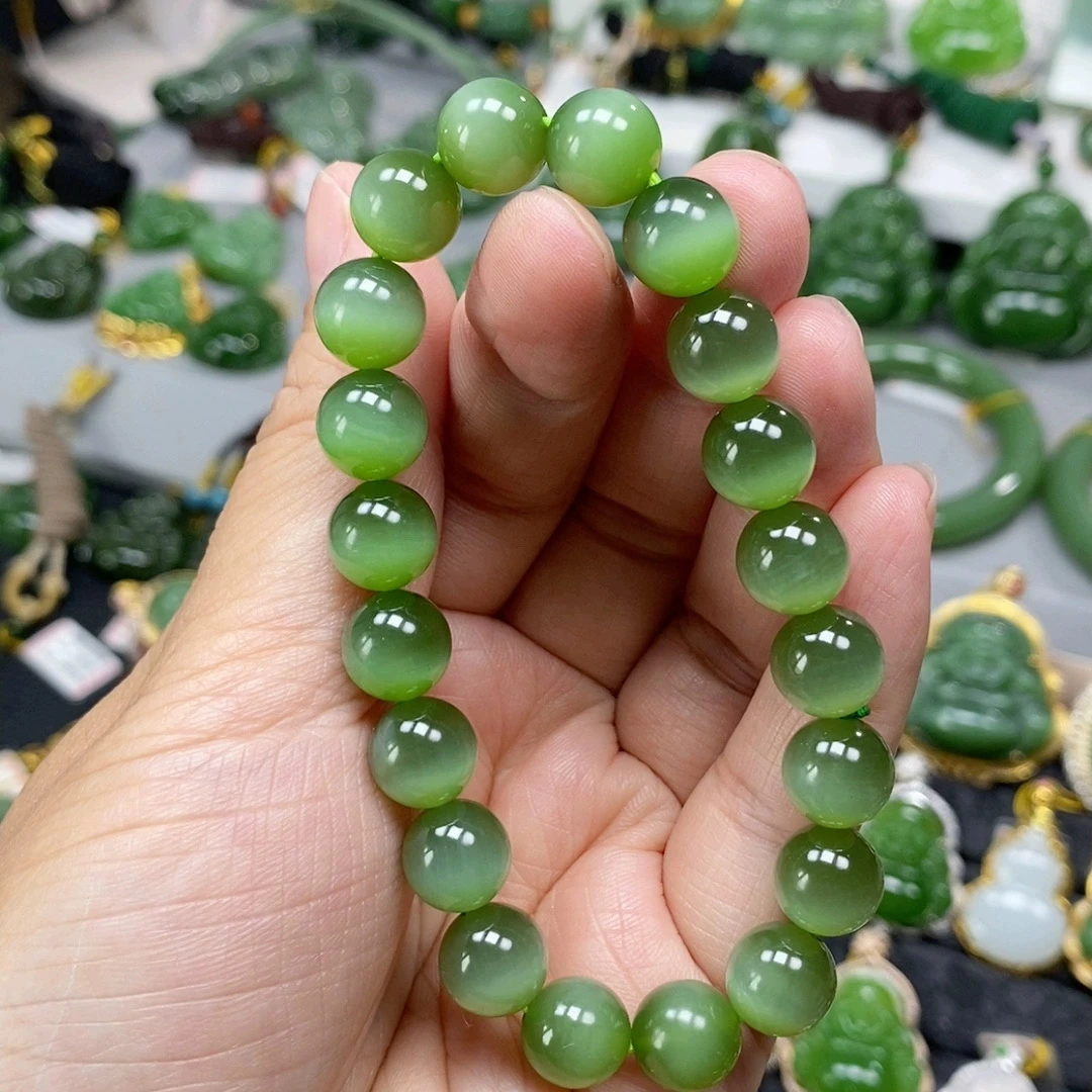 猴教授珠宝纯天然和田碧玉冰底翠绿猫眼手串10mm女士手串