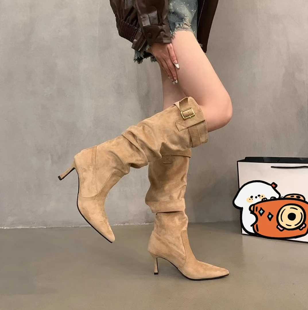 尖头细跟百搭显瘦堆堆靴2025秋冬皮带扣弹力高跟长筒骑士瘦瘦靴