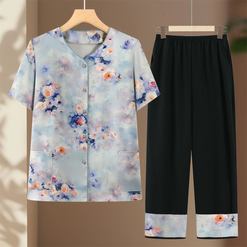 中老年人女夏装短袖套装奶奶夏季衬衫妈妈宽松上衣老太太两件套