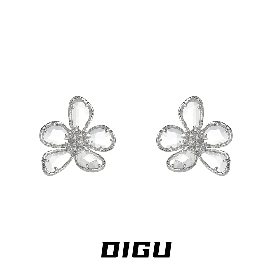 嘀咕家 铜合金合成锆石耳饰 轻奢透明花朵耳环高级感花瓣耳钉耳饰