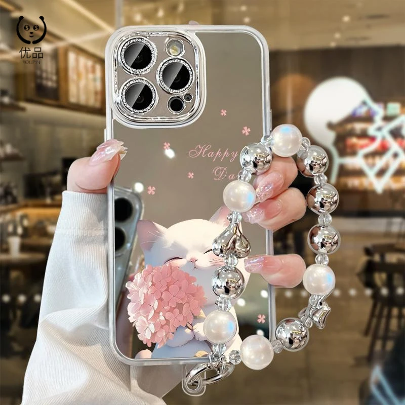 补妆镜面适用苹果16promax手机壳新款爆款iPhone17卡通可爱15挂链