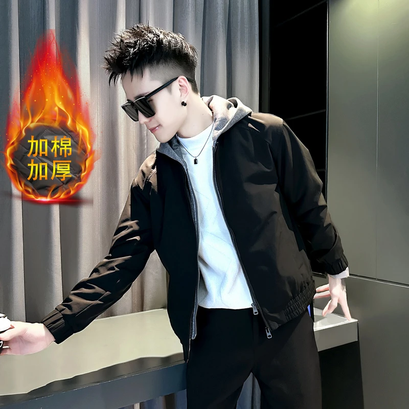 假两件连帽外套男款秋冬季2025新款高级感潮牌痞帅风加棉加厚夹克