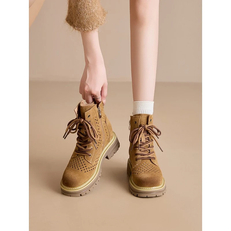 气质工装牛皮大黄靴女2025秋季新款时尚厚底增高休闲短靴马丁靴