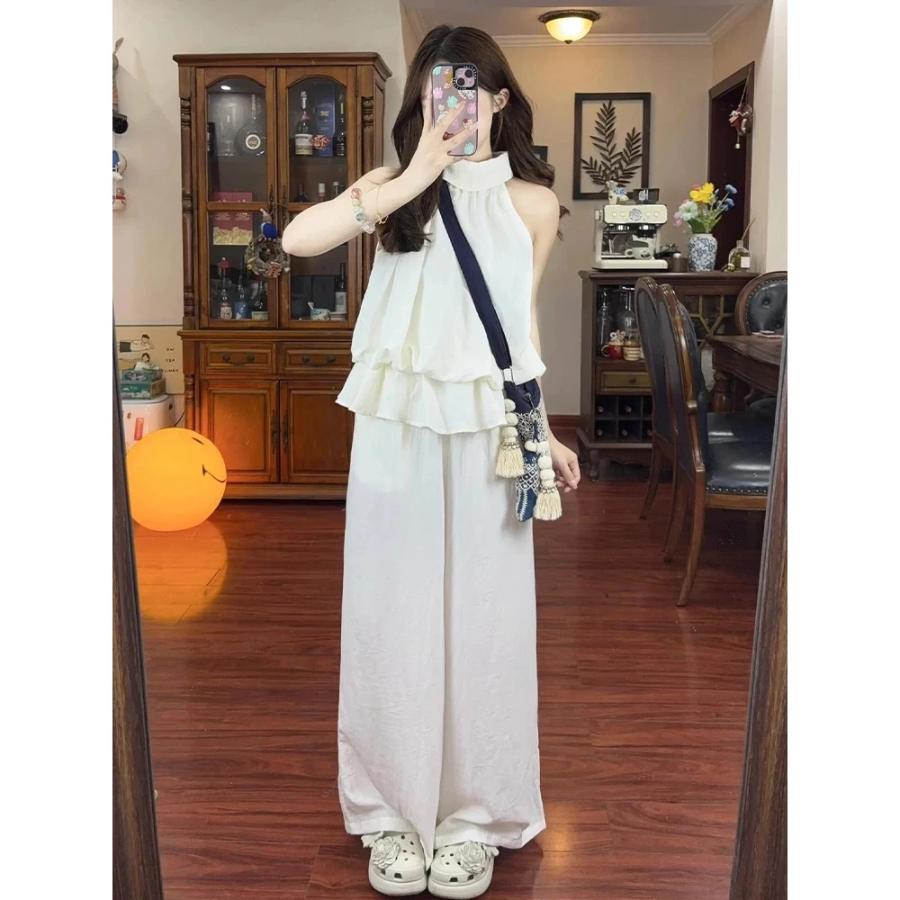法式气质无袖荷叶边挂脖背心上衣女设计感宽松阔腿裤子套装夏季
