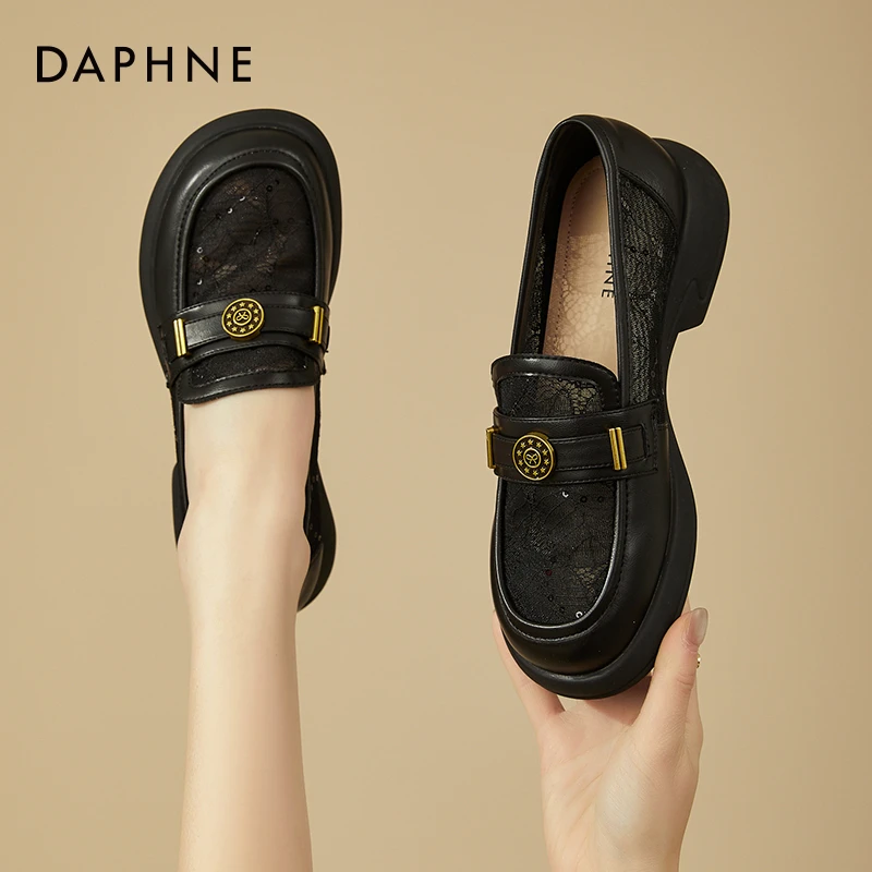 达芙妮蕾丝网面透气乐福鞋女夏季新款粗跟舒适轻便透气英伦风单鞋