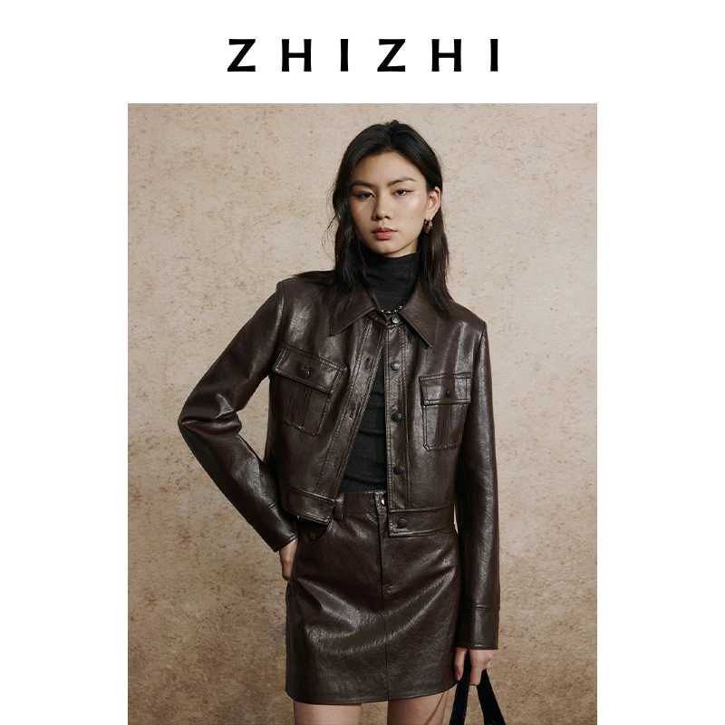 致知 秋夜长 短款复古港风pu皮衣秋季职场休闲百搭风ZZ2EAWJQ022