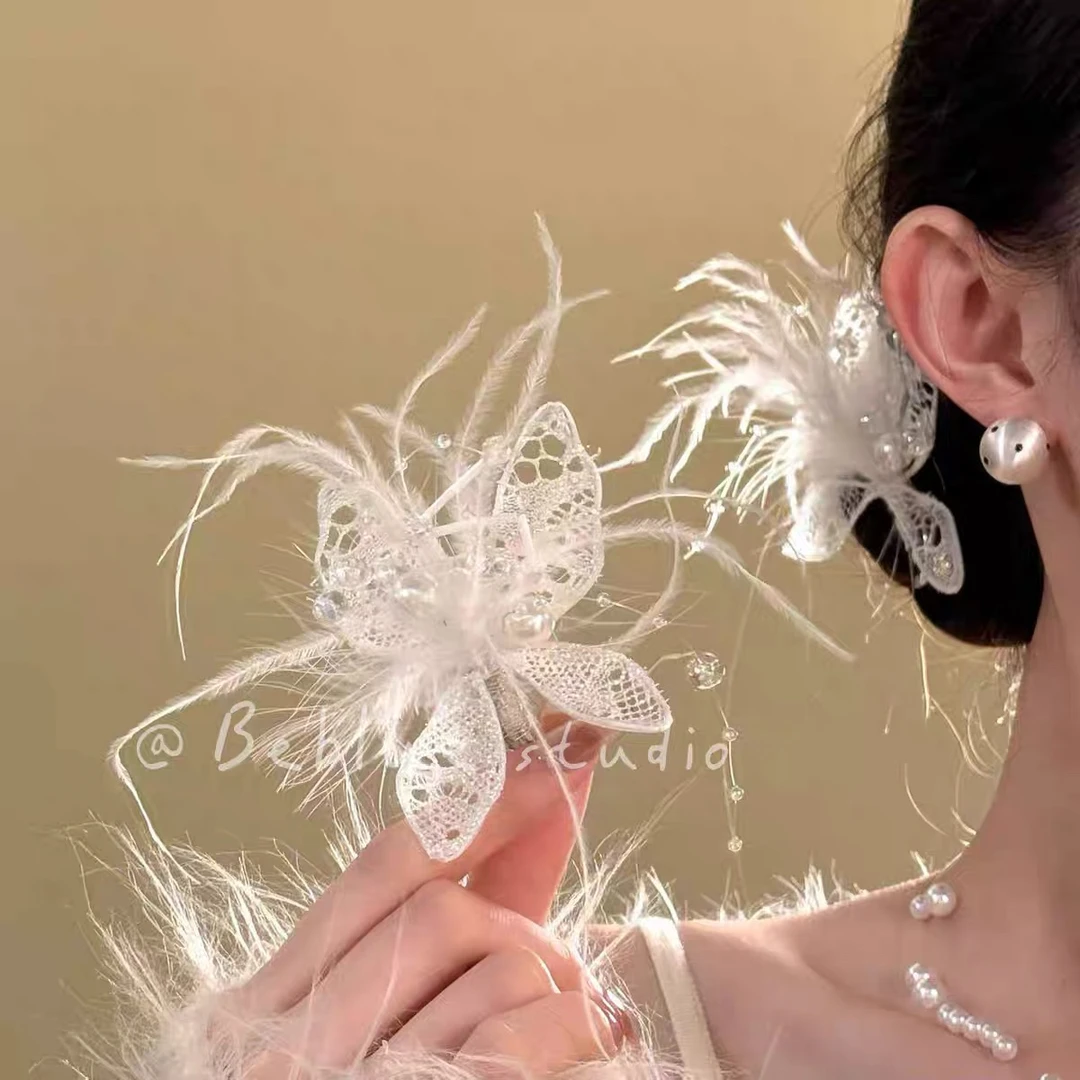 超仙白色羽毛蕾丝蝴蝶结鸭嘴夹发夹女甜美发饰头发夹子