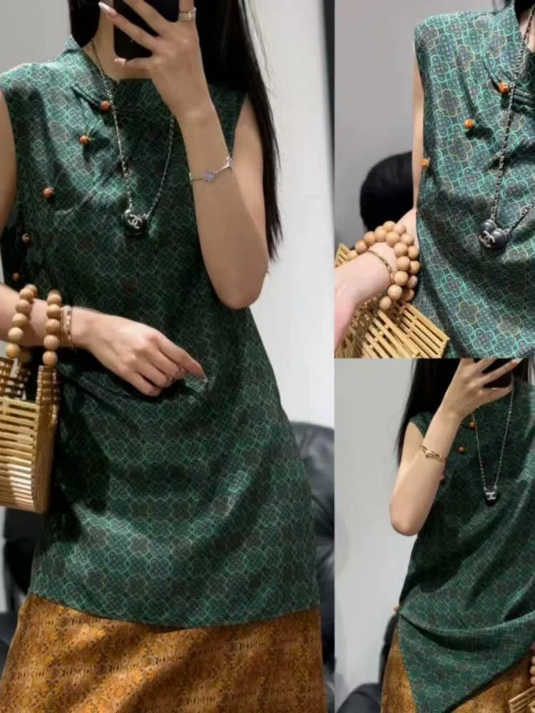 夏季真丝中长款女马甲背心马夹上衣时尚中国风复古