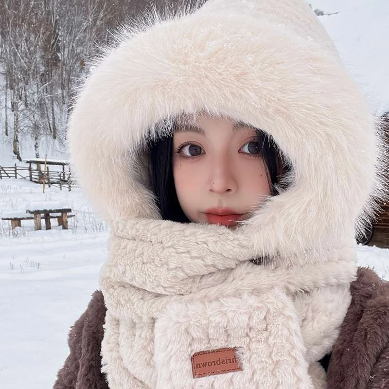 FAVMARTHA2025新款帽子围巾一体女冬季毛绒连帽手套三件套保暖防