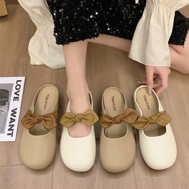 FAVMARTHA31-46 大码包头半拖鞋女外穿2025新款法式蝴蝶结法式高