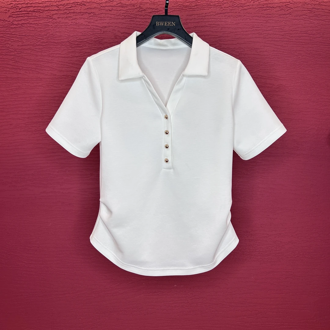 2025年新款夏季气质显瘦POLO领短款T恤修身纯色翻领