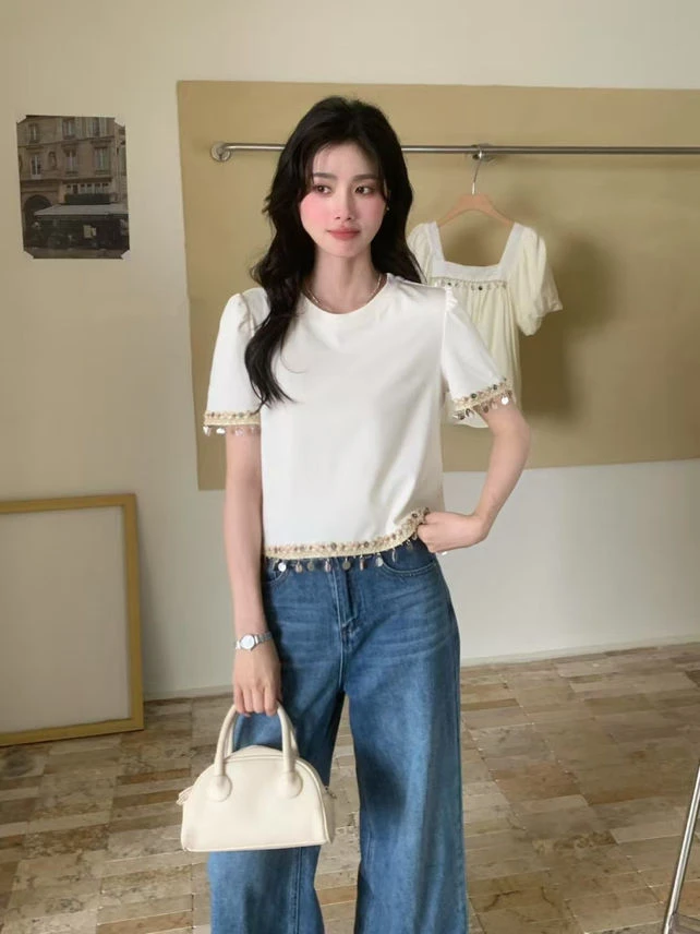 8306番外波西米亚风流苏亮片短袖T恤女夏季新款设计感减龄上衣