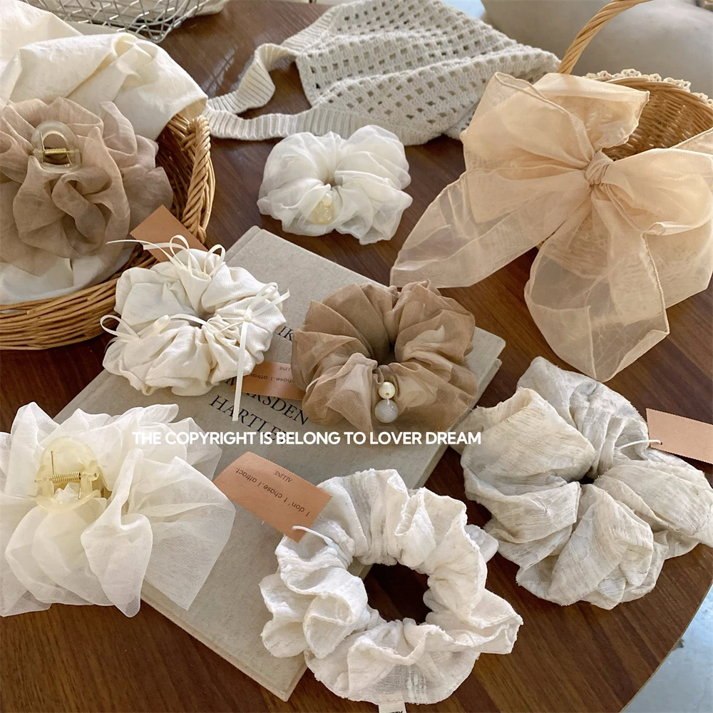 韩国新款米白色高级感布艺蝴蝶结大肠发圈 时尚高级感头饰发饰女