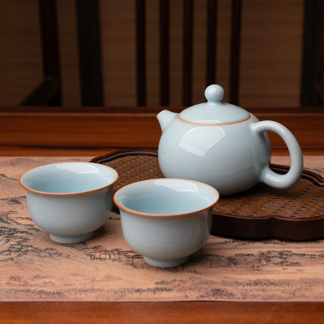 圈足珑匞西施壶230cc一壶二新品天青釉红底款汝瓷茶壶茶具礼盒