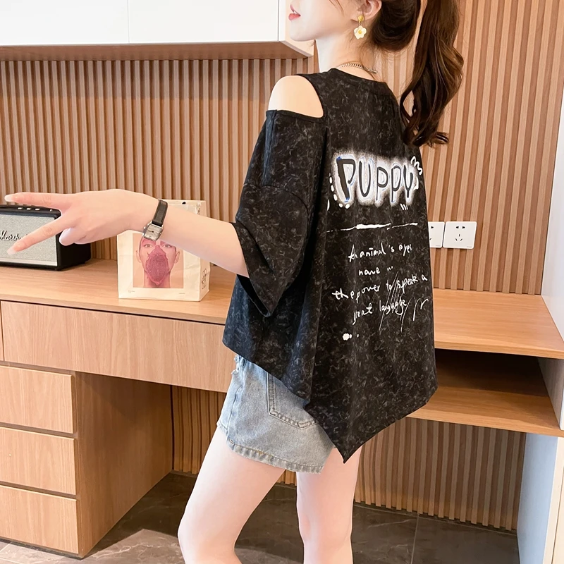 设计感时尚潮流百搭扎染短袖T恤女夏季宽松休闲减龄卡通露肩上衣