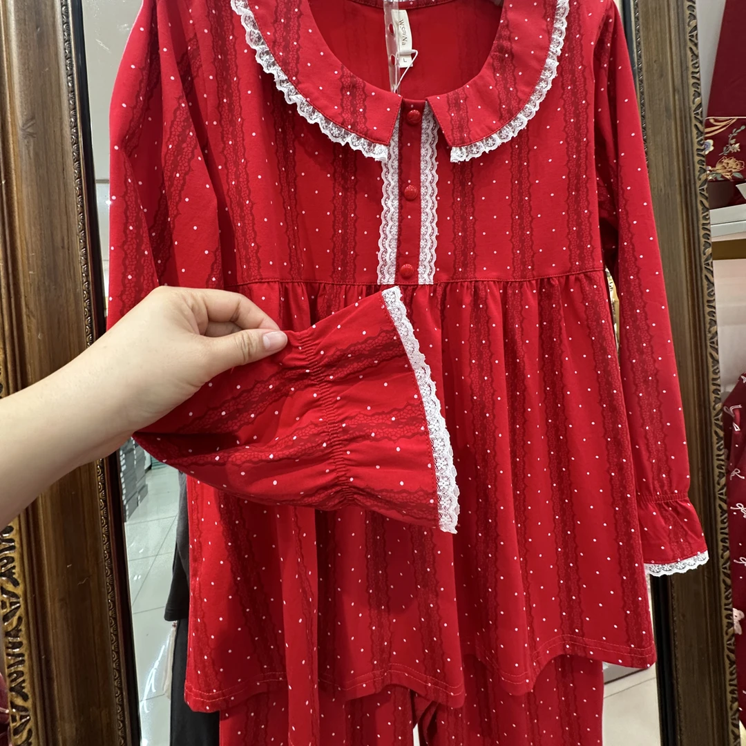 90909女士长袖宽松中国红点点红色纯棉可外穿睡衣家居服套装