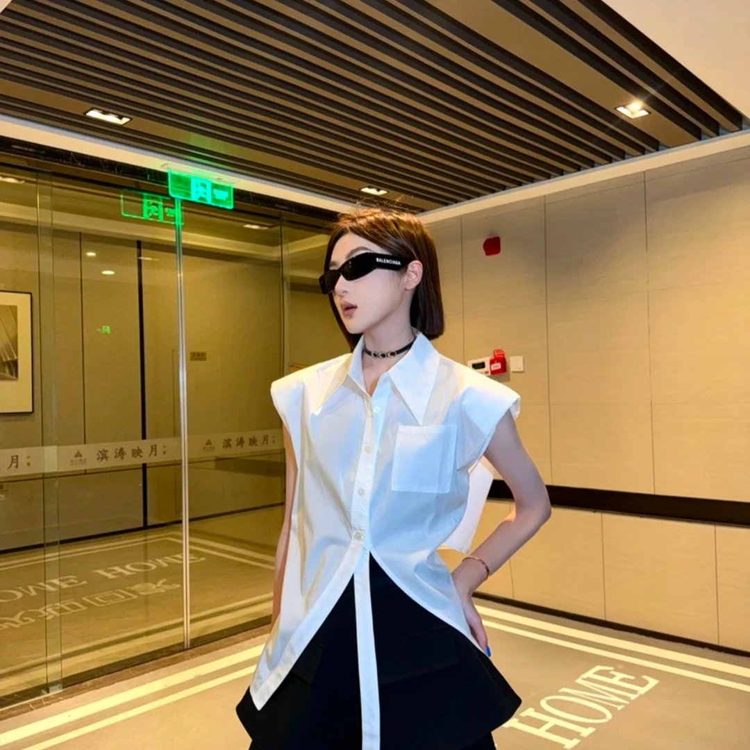 夏季新款小众设计感洋气时尚百搭系带无袖衬衫短裤女短袖显瘦气质