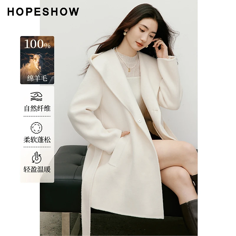 红袖2025冬季新款女装 100绵羊毛一体式连帽领系带正肩双面呢大衣