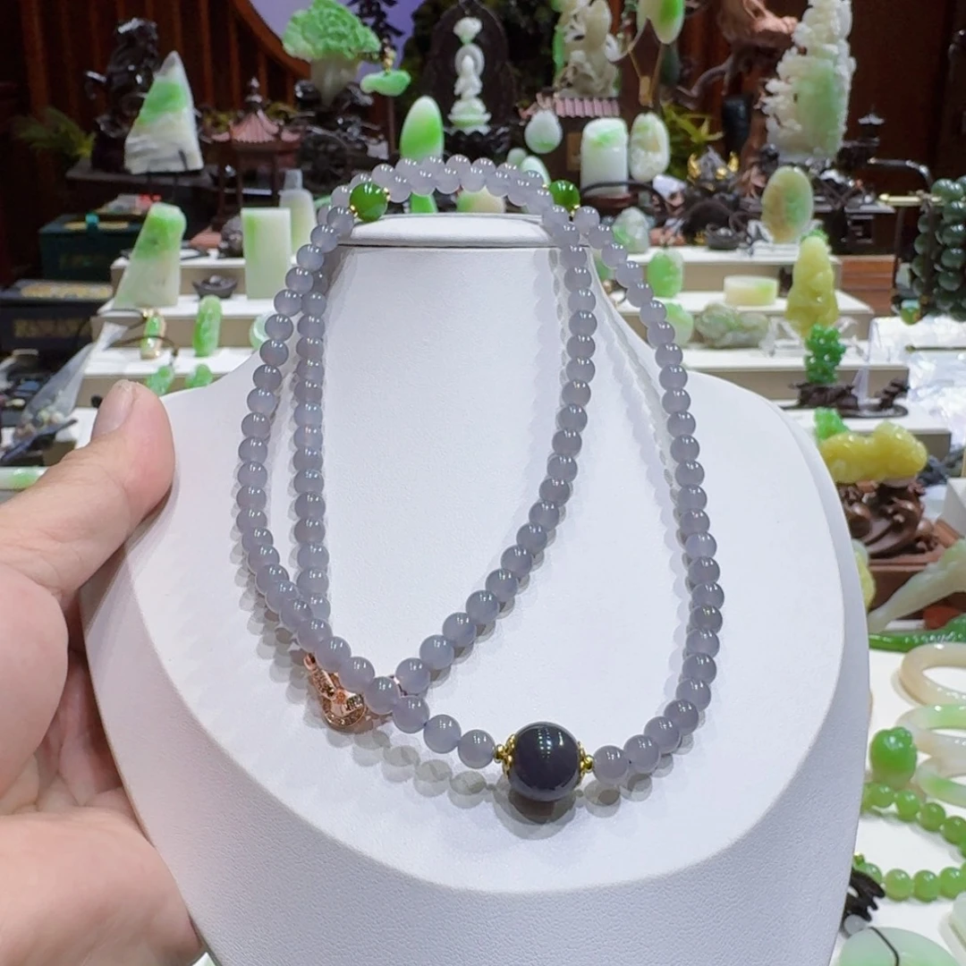 和田玉未镶嵌挂件和田玉青海冰烟紫卡6米108项链
