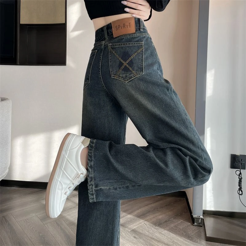 新款水泥灰潮流牛仔裤女春季宽松显高显瘦宽松百搭简约牛仔长裤