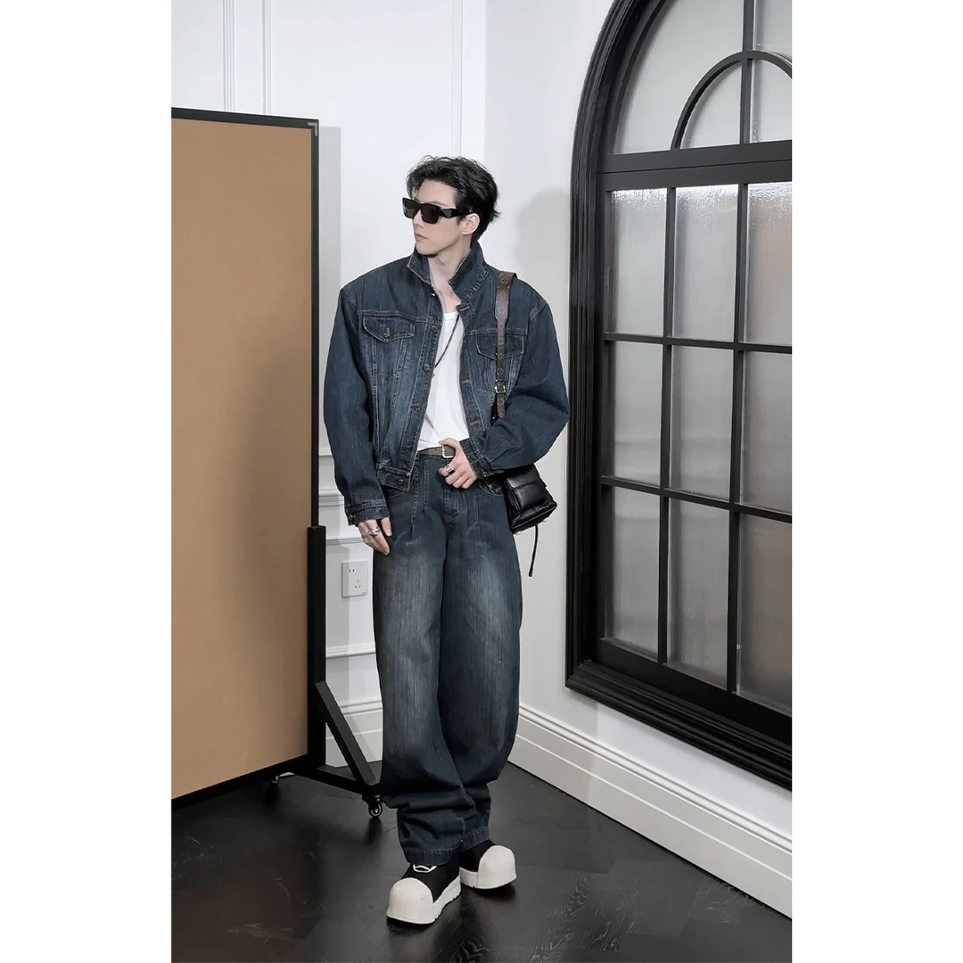 龙叨叨春季新款潮流复古美式牛仔百搭夹克外套宽松弯刀长裤套装