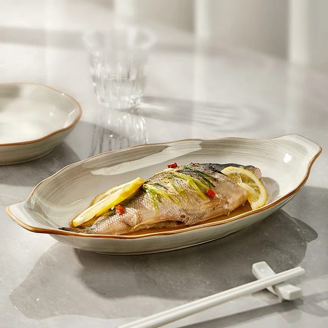 陶瓷鱼盘家用2025新款蒸鱼专用盘子高级感大号鱼碟子双耳鱼碗鱼盆