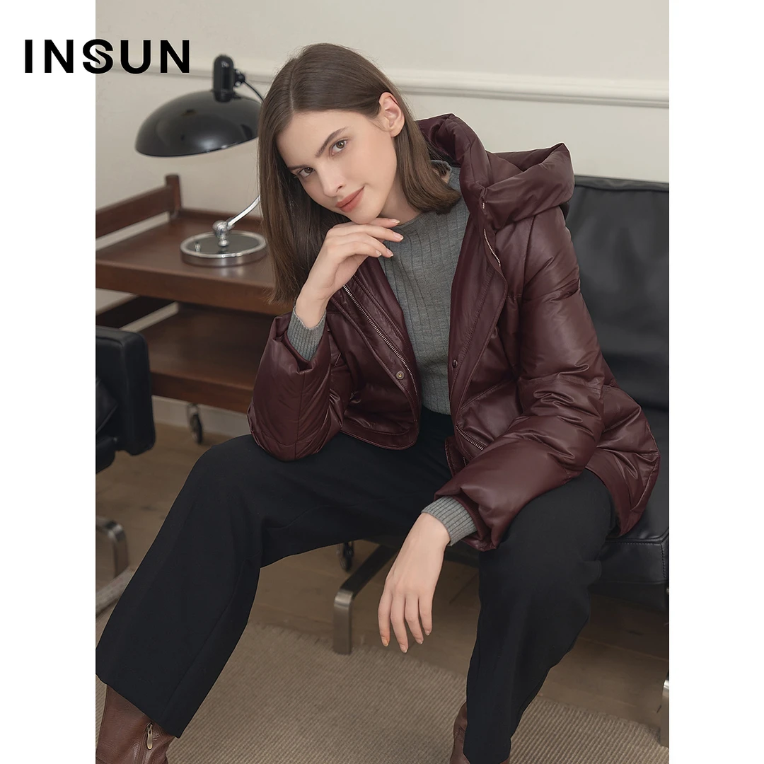 INSUN恩裳专选冬季雅丹风宽松绗线羊皮三防皮羽绒服