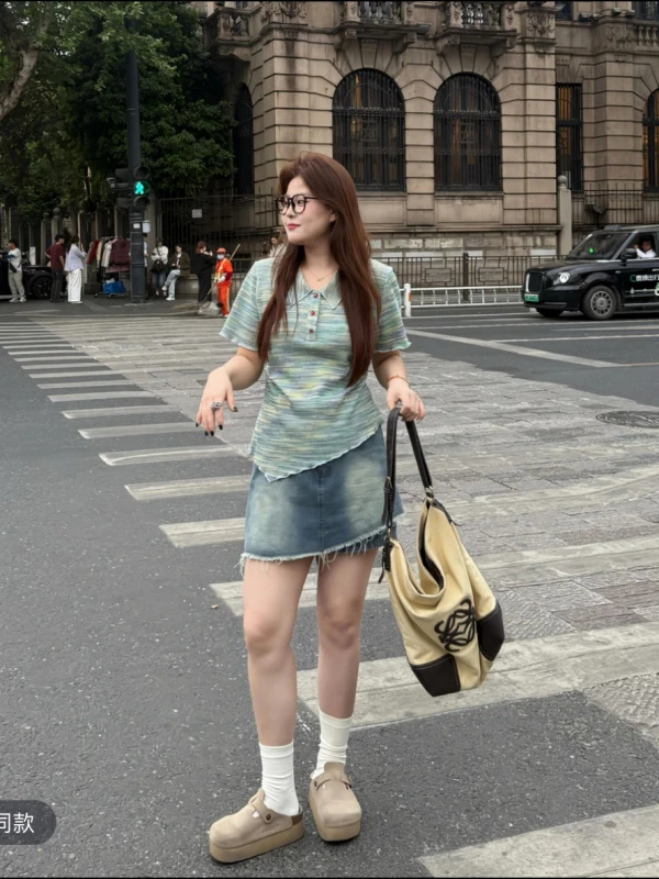 大码复古条纹短袖t恤女夏季胖MM遮肉显瘦别致不规则正肩上衣-7252