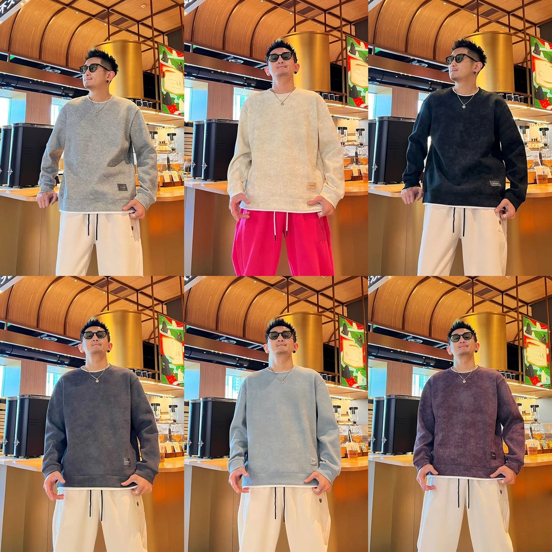 冬季新款百搭休闲时尚个性假两件加绒加厚潮流圆领套头男款卫衣