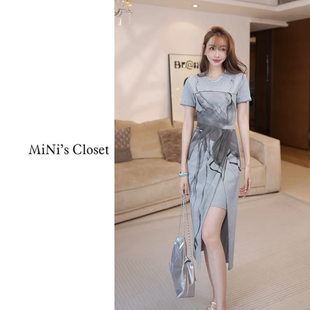 【MiNi推荐】夏季新品捏褶高腰线侧开叉定位印花连衣裙女JE2249