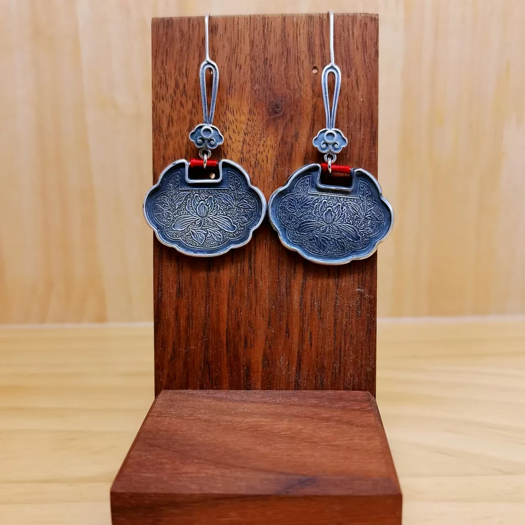 银之酷 足银耳饰 足银牡丹花锁片耳环复古女民族风国风