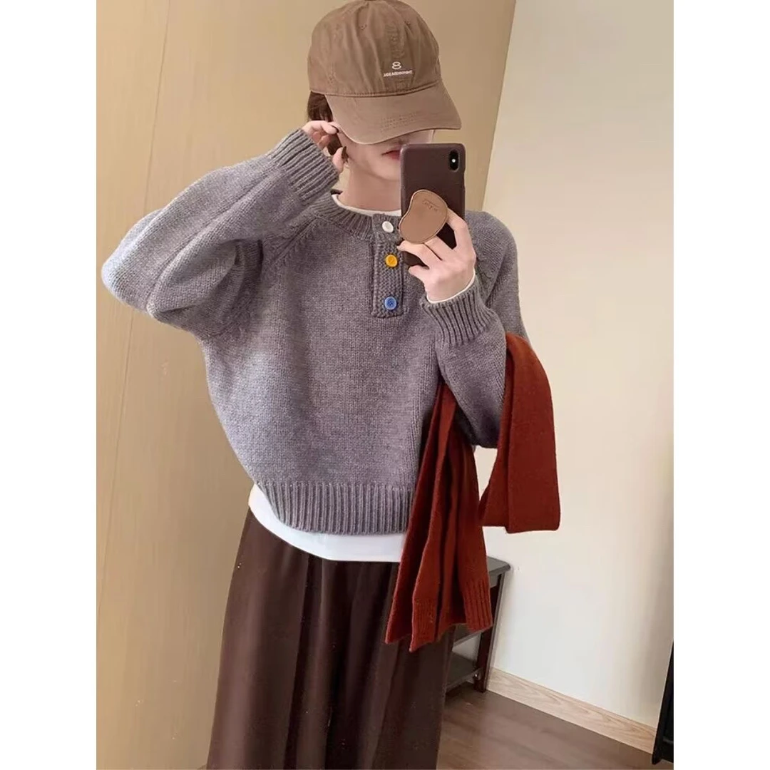 多巴胺彩扣套头2025新款韩版宽松显瘦百搭衫上衣女秋冬单穿毛衣