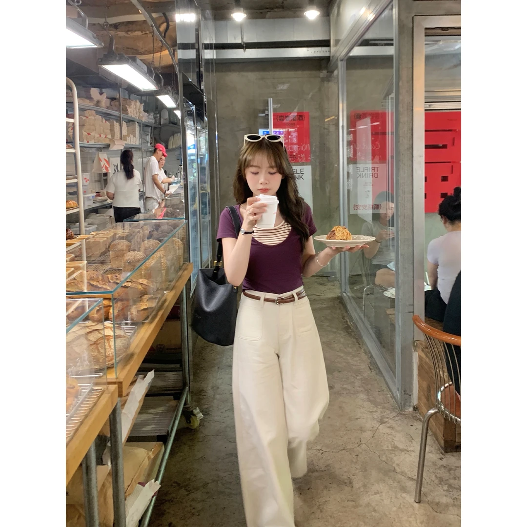 切糕自制【美学交织】小个子夏季气质纯欲慵懒感显瘦假两件短袖T恤