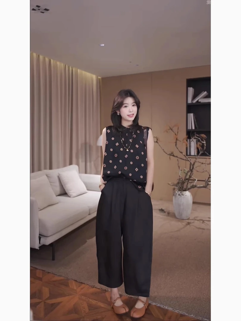 广州琴姐【裂纹裤】人丝香云纱国风百搭黑色显瘦垂感休闲裤女夏7267