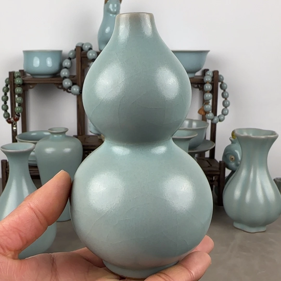 瓷片汝瓷葫芦瓶仿古釉圈足烧