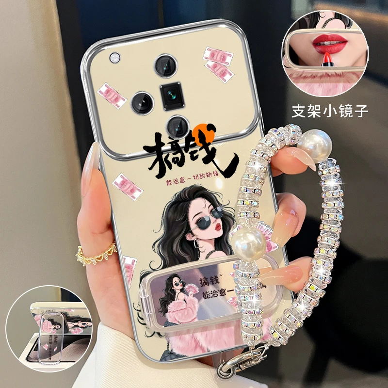 适用oppofindx7/ultra搞钱小富婆手机壳补妆镜折叠支架防摔女款