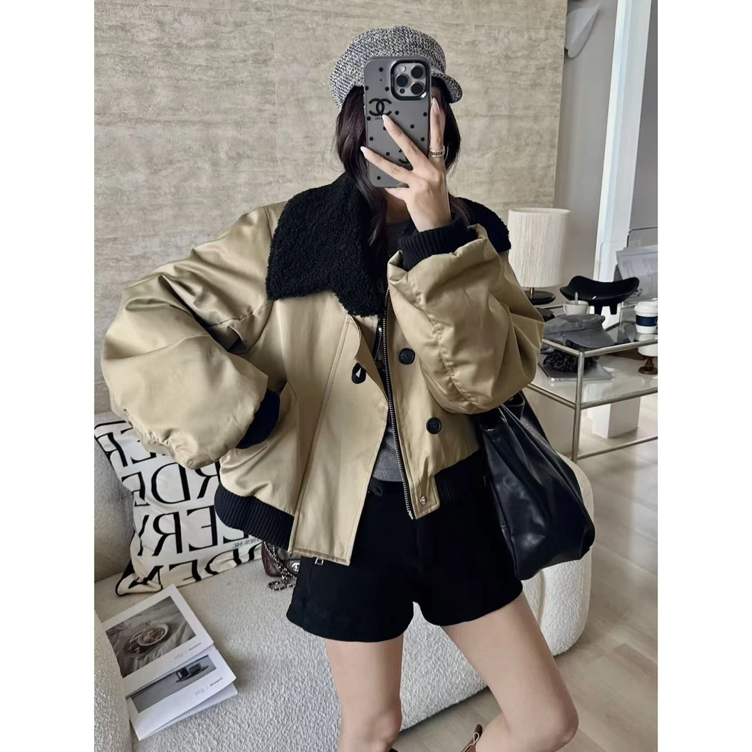 SP 小众设计师 独特羊羔毛翻领夹棉工装外套小个子短款棉衣外套女