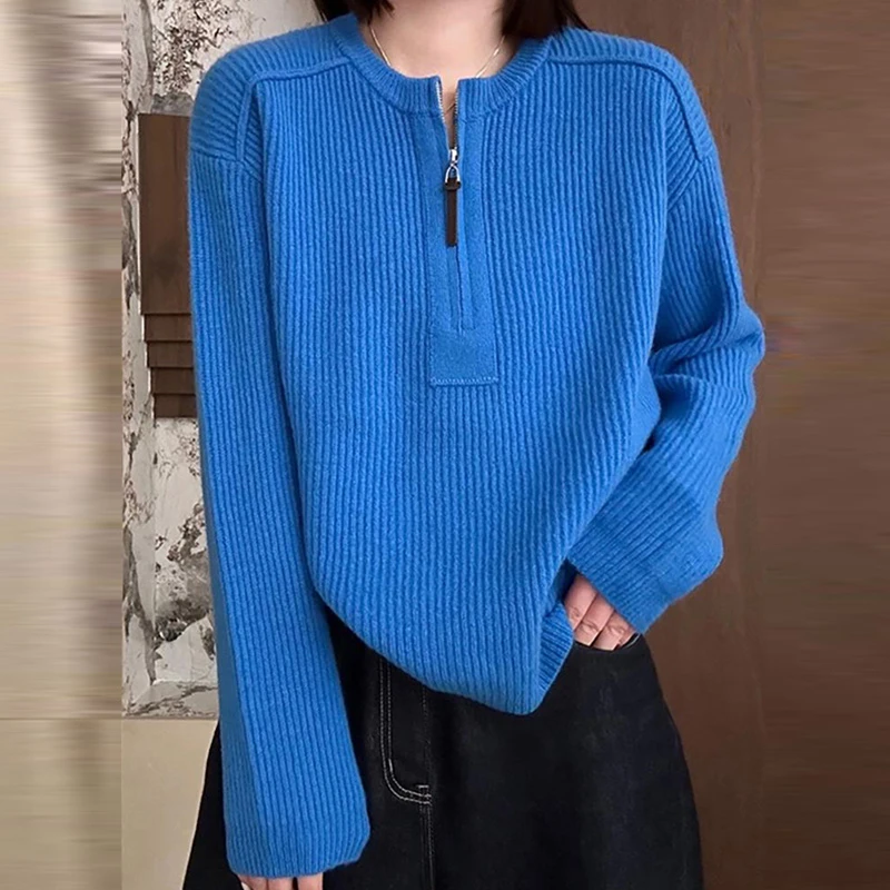 M329秋季新款洋气时髦通勤百搭半拉链设计感长袖针织纱女上衣