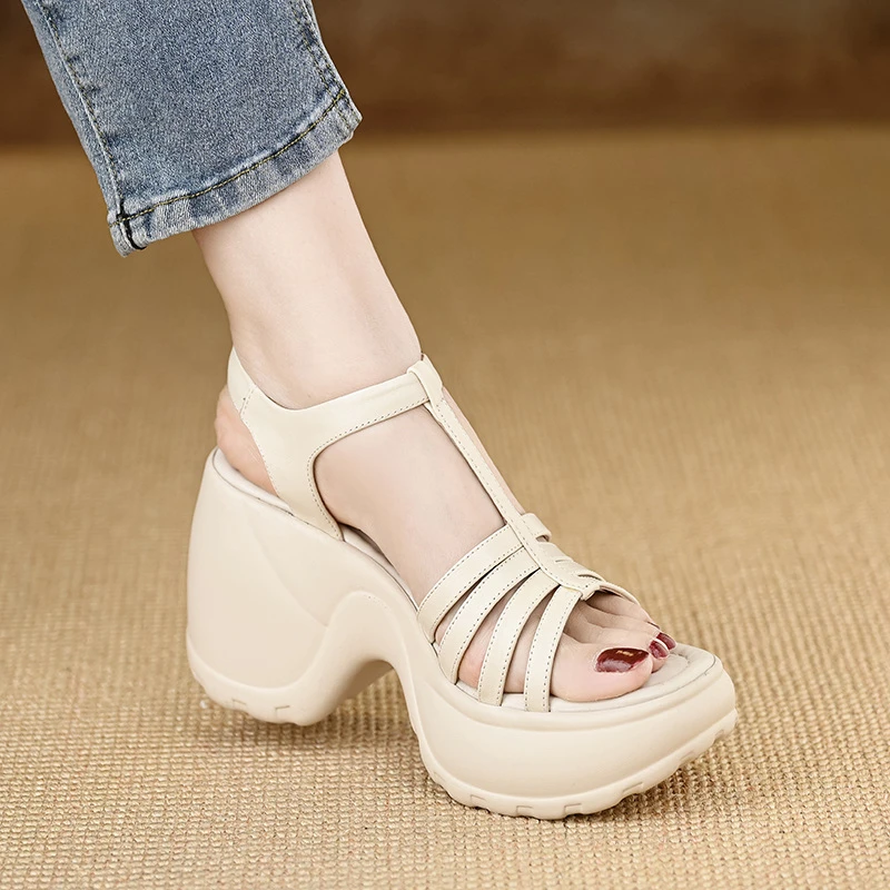 小个子10cm坡跟露趾凉鞋女夏季真皮防水台厚底高跟罗马凉鞋不累脚