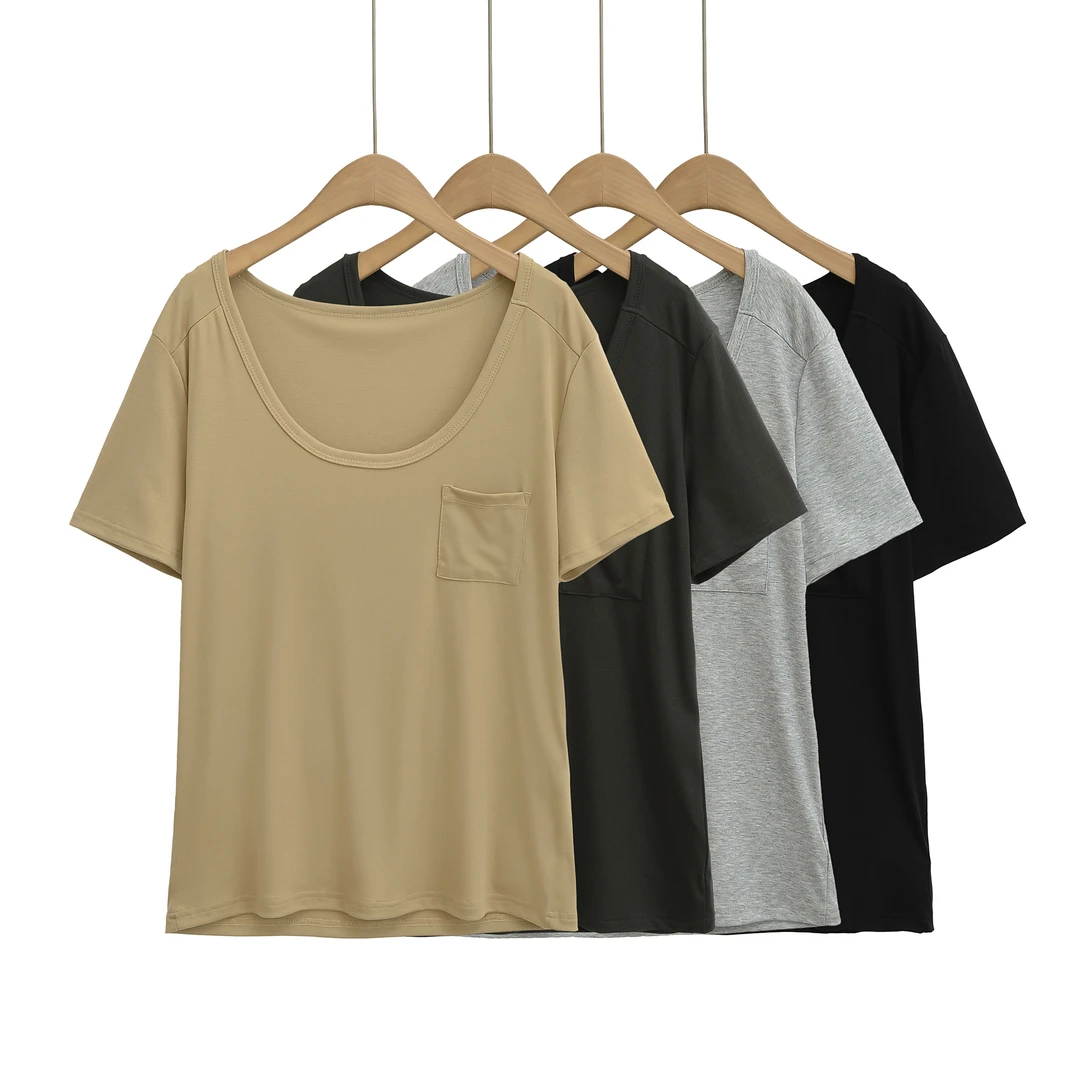 25075凉感莱赛尔大圆领低胸宽松短袖贴袋T