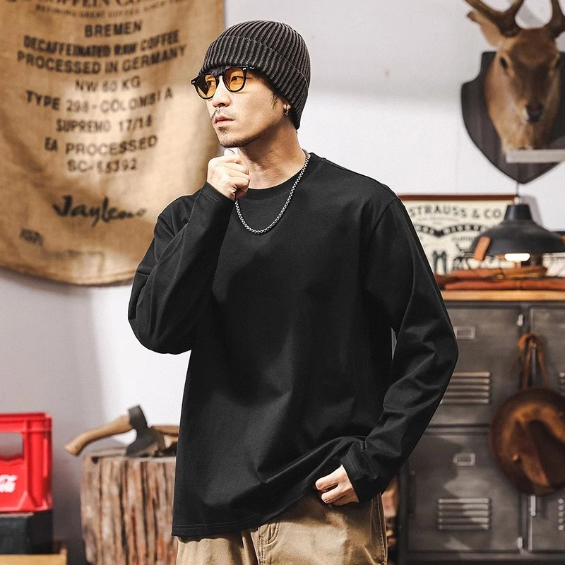 重磅纯棉长袖t恤男秋季大码精梳棉打底衫2025新款简约纯色男上衣