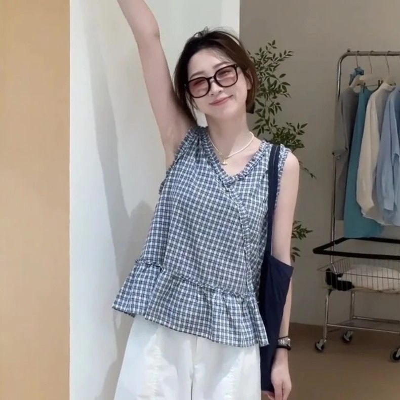 2025夏季格子新款韩系甜美夏日穿搭时尚减龄立体木耳边上衣小背心