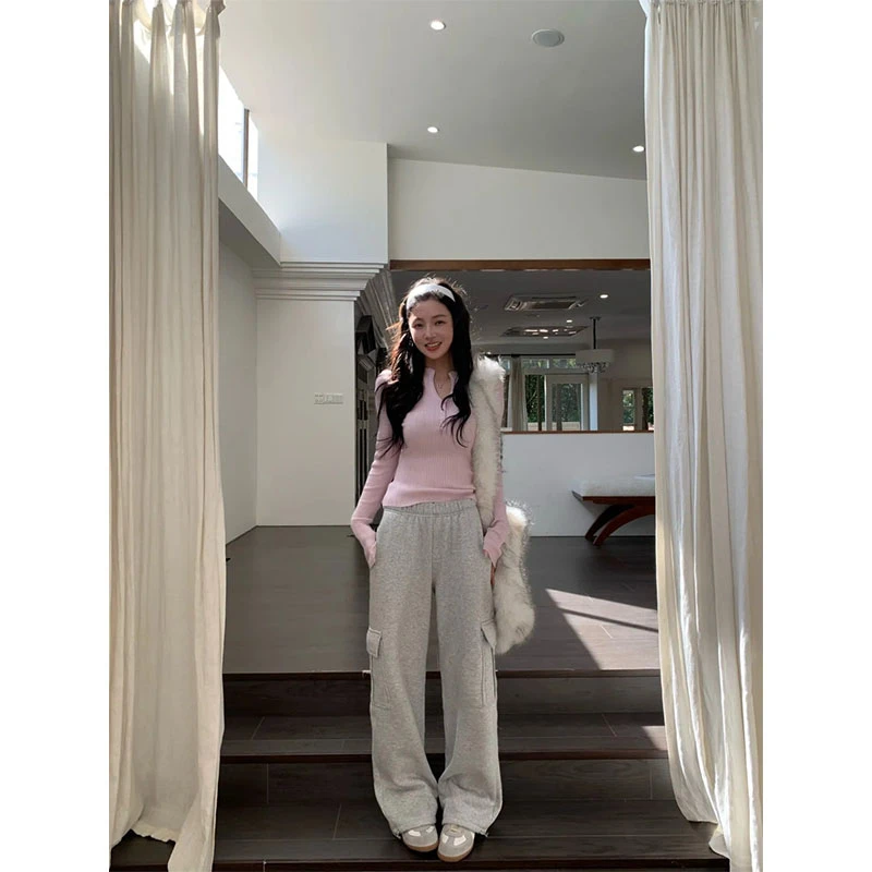 2025秋季新款小众修身显瘦薄款针织上衣休闲百搭时尚直筒长裤套装