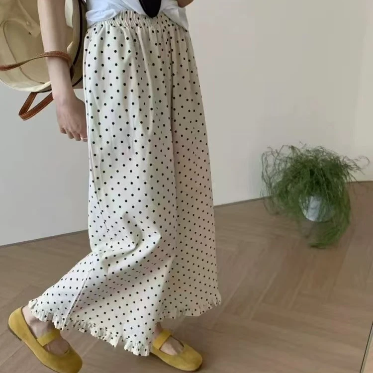夏季薄款洋气木耳边波点阔腿裤女透气宽松显瘦休闲裤