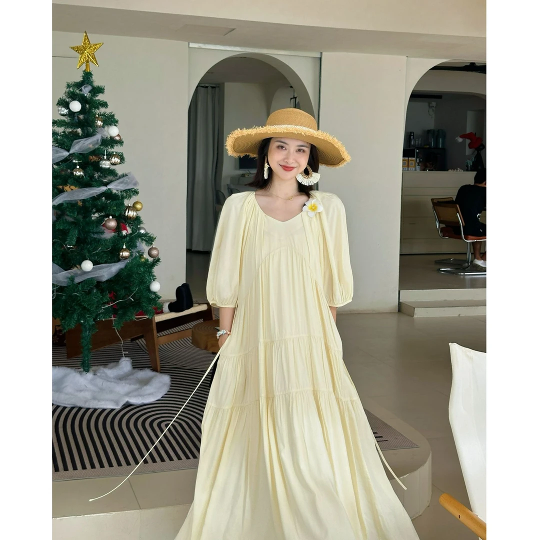 【月光恋人】显瘦宽松连衣裙夏季新款度假风宽松V领气质长裙