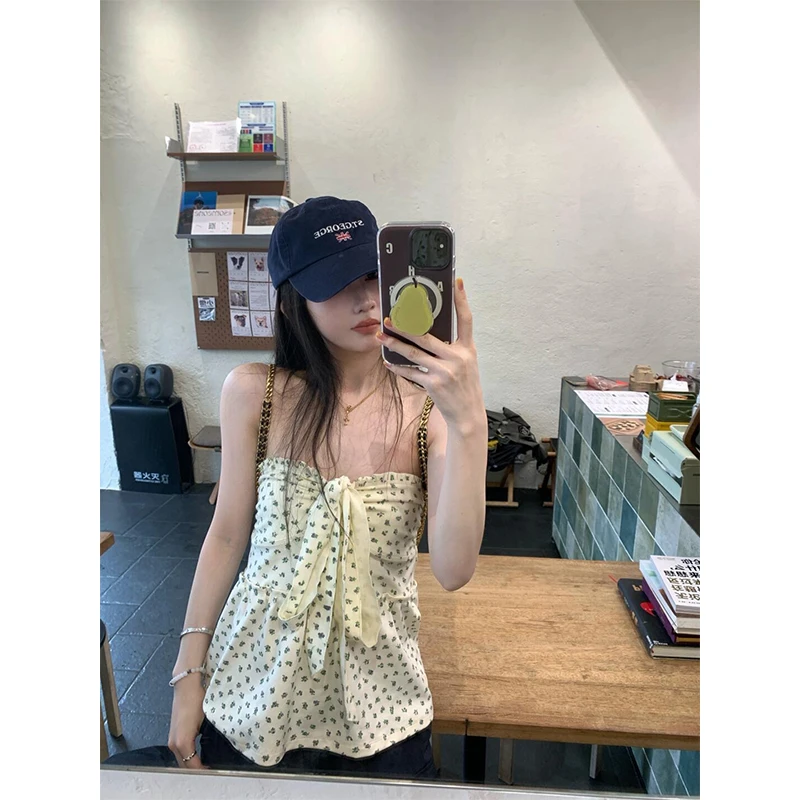 韩系穿搭一整套辣妹无袖绑带抹胸背心上衣女高腰休闲阔腿裤工装裤
