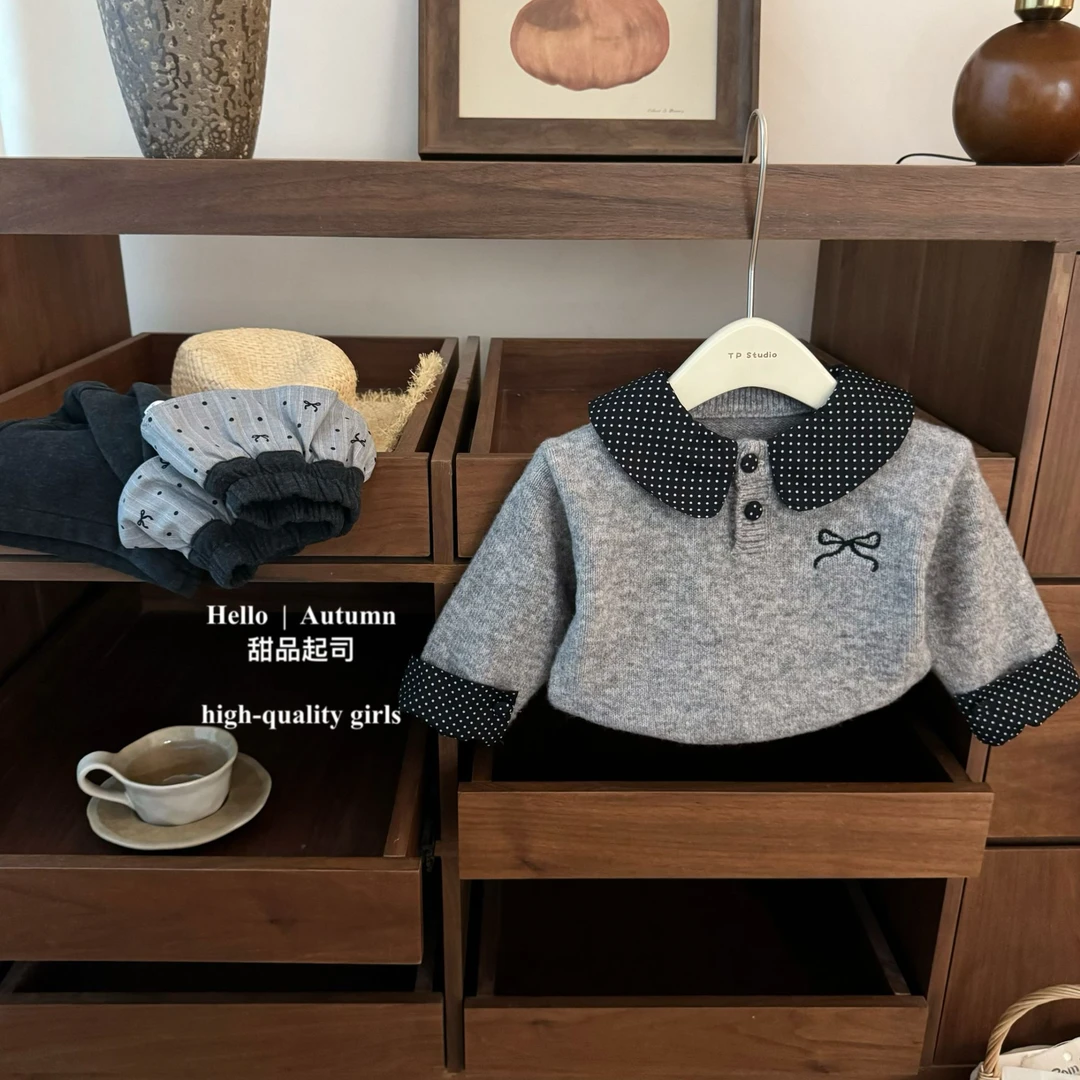 【甜品起司】韩里韩气！女宝宝高级感蝴蝶结屁帘卫裤波点毛衣套装潮