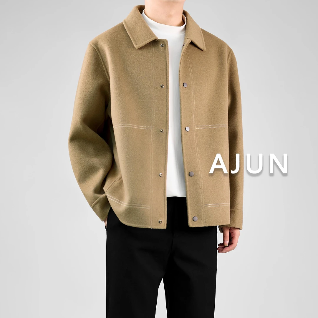 高级感双面尼外套男士春秋季休闲通勤羊毛呢短款宽松大衣男装夹克