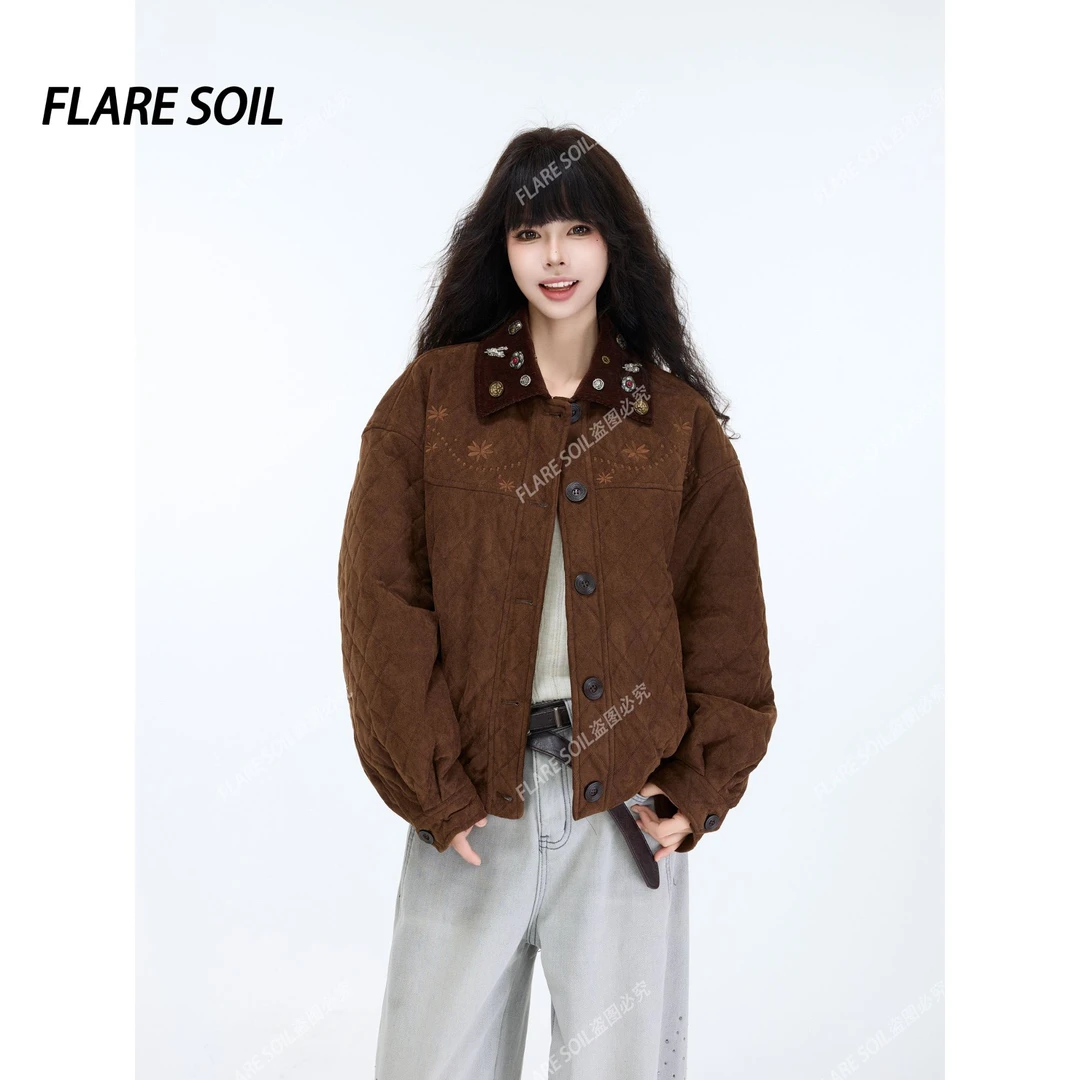 【FLARE SOIL】复古图案翻领菱格秋冬季韩版美拉德短外套 T40264A