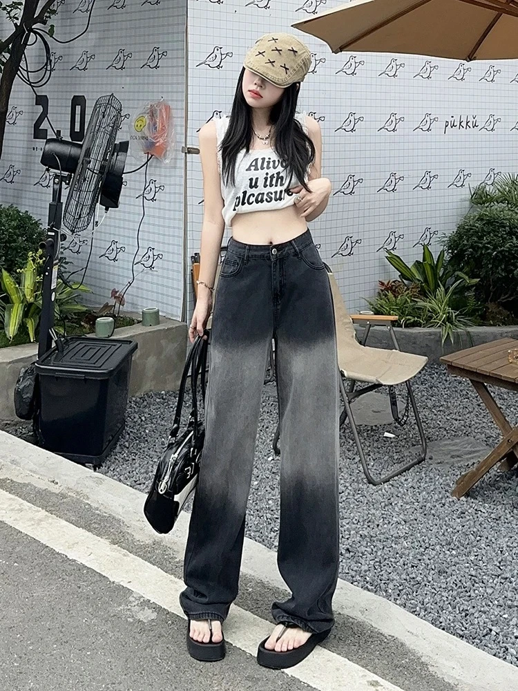 黑灰渐变复古牛仔裤女胖妹妹mm高腰显瘦直筒阔腿宽松长裤阔腿裤